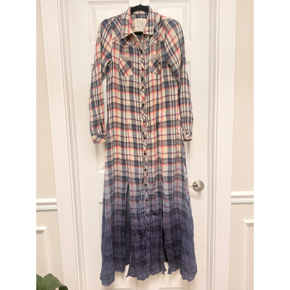 We The Free Free People Plaid Ombre Duster Maxi Dress Blue Red Small